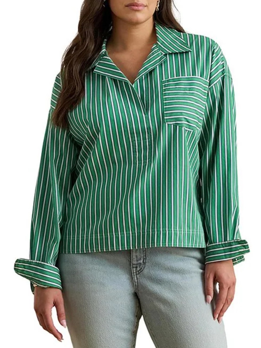 Lauren Ralph Lauren Green and White Striped Long-Sleeve Top